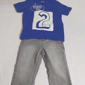 Kids blue shirt and grey pants outfit.